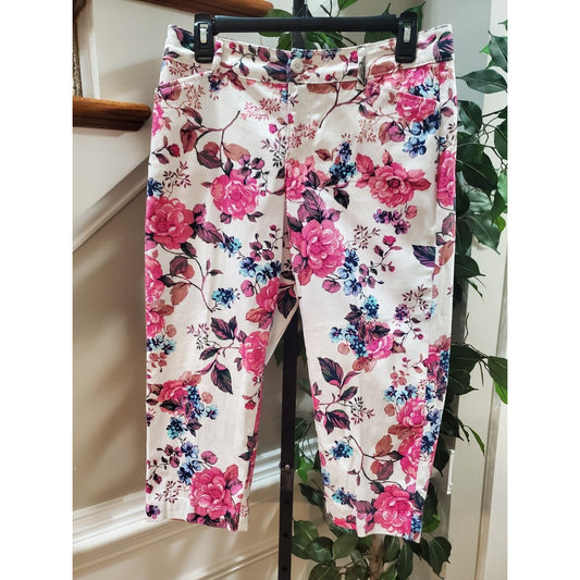 St John's Bay Women's White Floral Cotton Mid Rise Secretly Slender Capri Pant 8