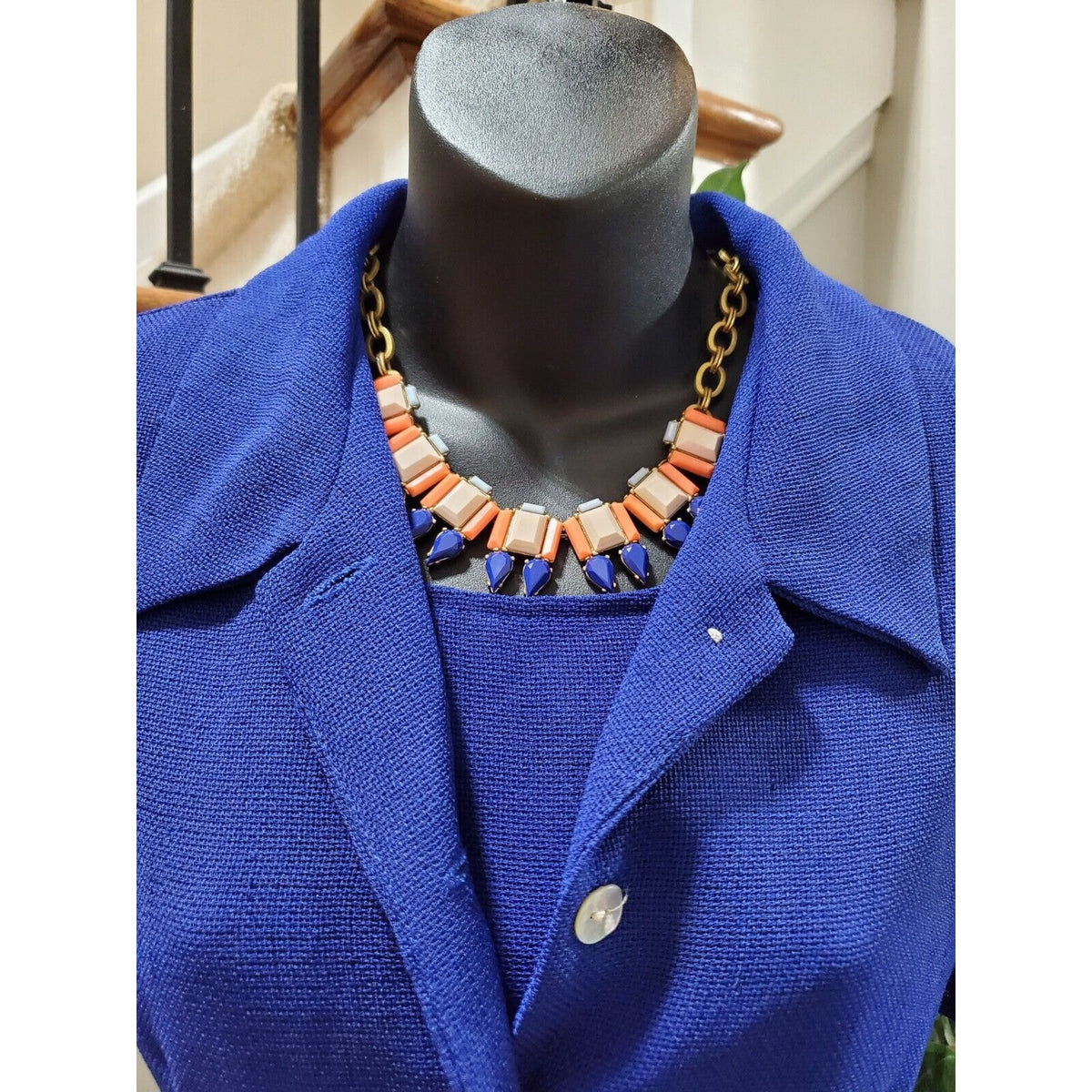 Miss Dorby Women Blue Solid Short Sleeve Jacket & Knee Length Dress 2 Pcs Suit M