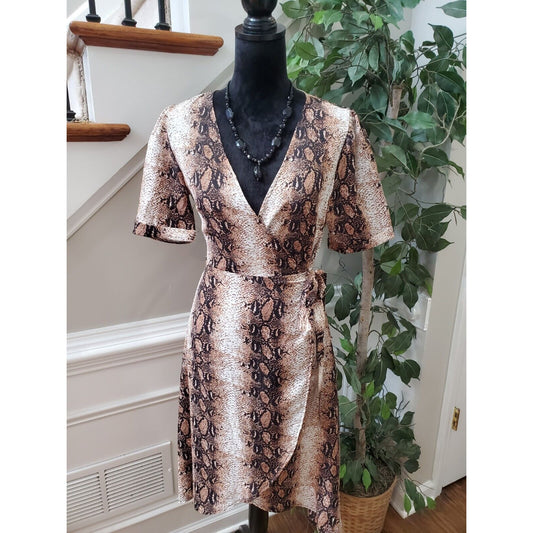 Fashion Nova Women Brown Snake Print Polyester Wrap V Neck Knee Length Dress M