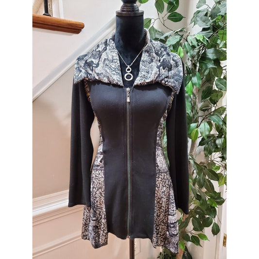 Fleur De Lis Women's Black & White Acrylic Long Sleeve Full Zip Front Jacket S