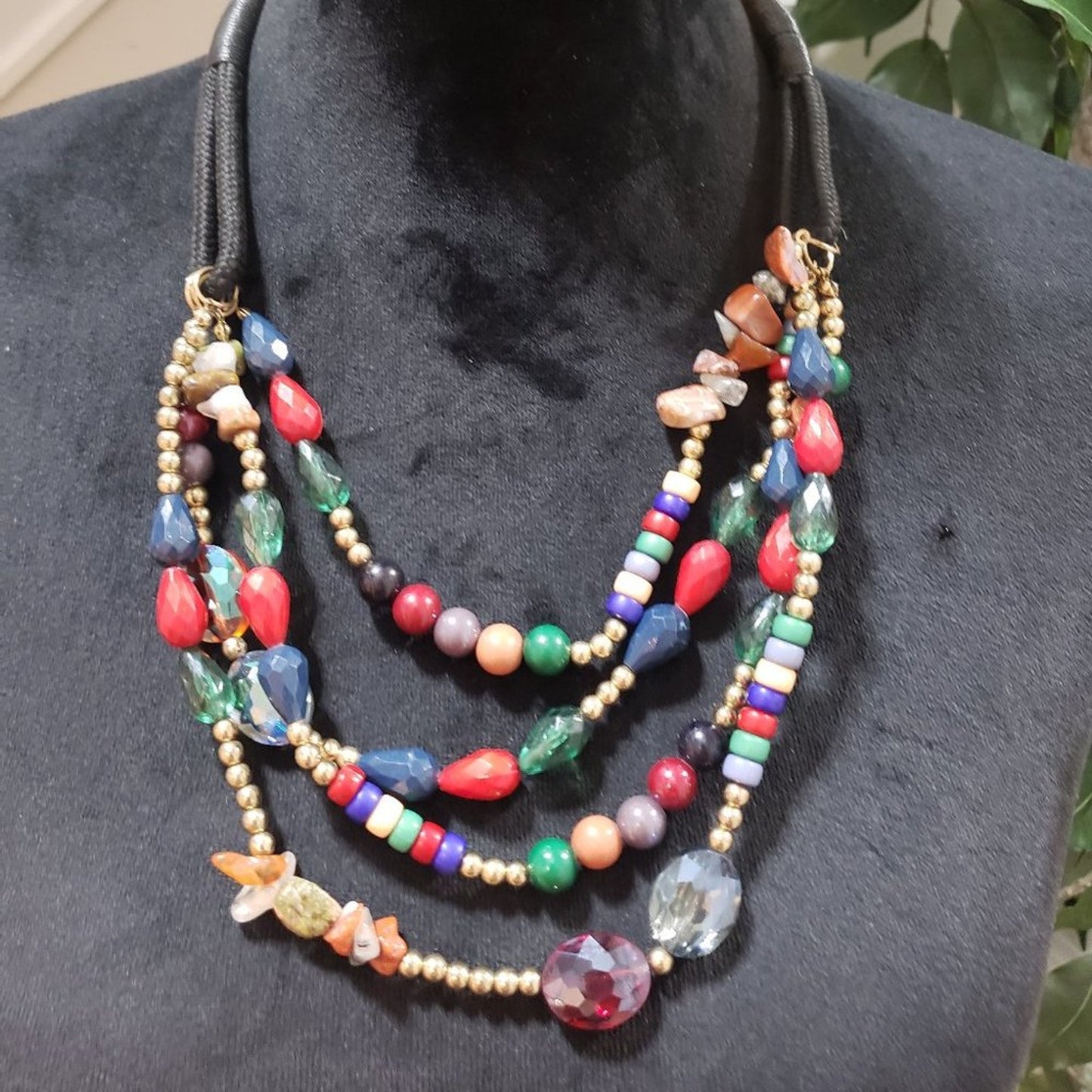 Women's Multicolored Four Strand Beads Lobster Clasp Statement Necklace