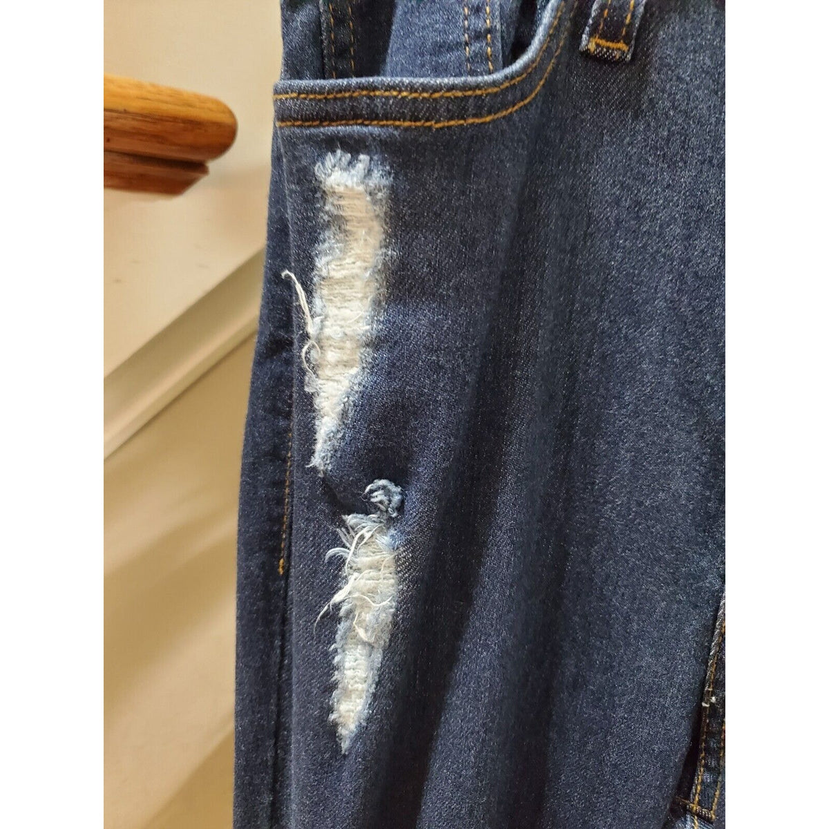 Vibrant Womens Stacked Blue Denim Rayon Distressed Pockets Pull On Jeans Large