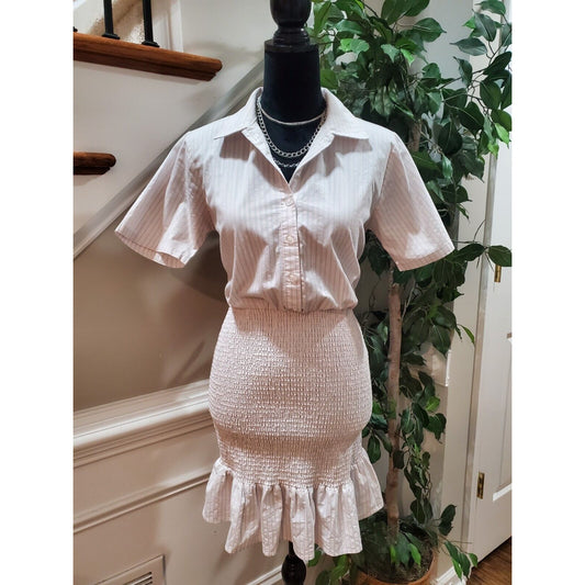 Aqua Cream Striped Smocked Cotton Collared Short Sleeve Ruched Shirt Dress M