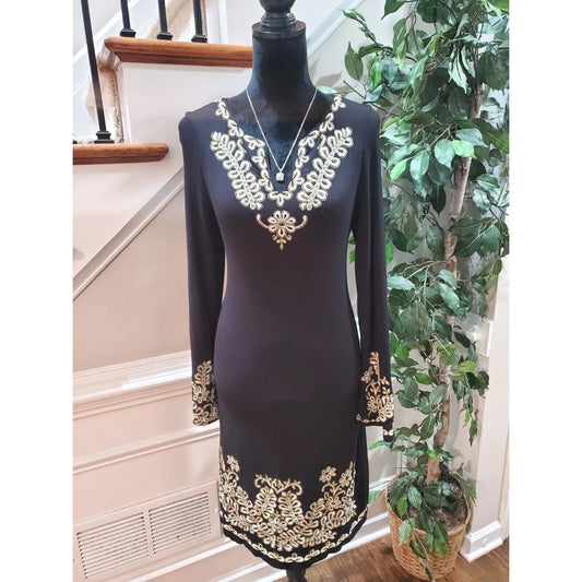 INC Women's Black Rayon V-Neck Long Sleeve Casual Knee Length Dress Size Medium