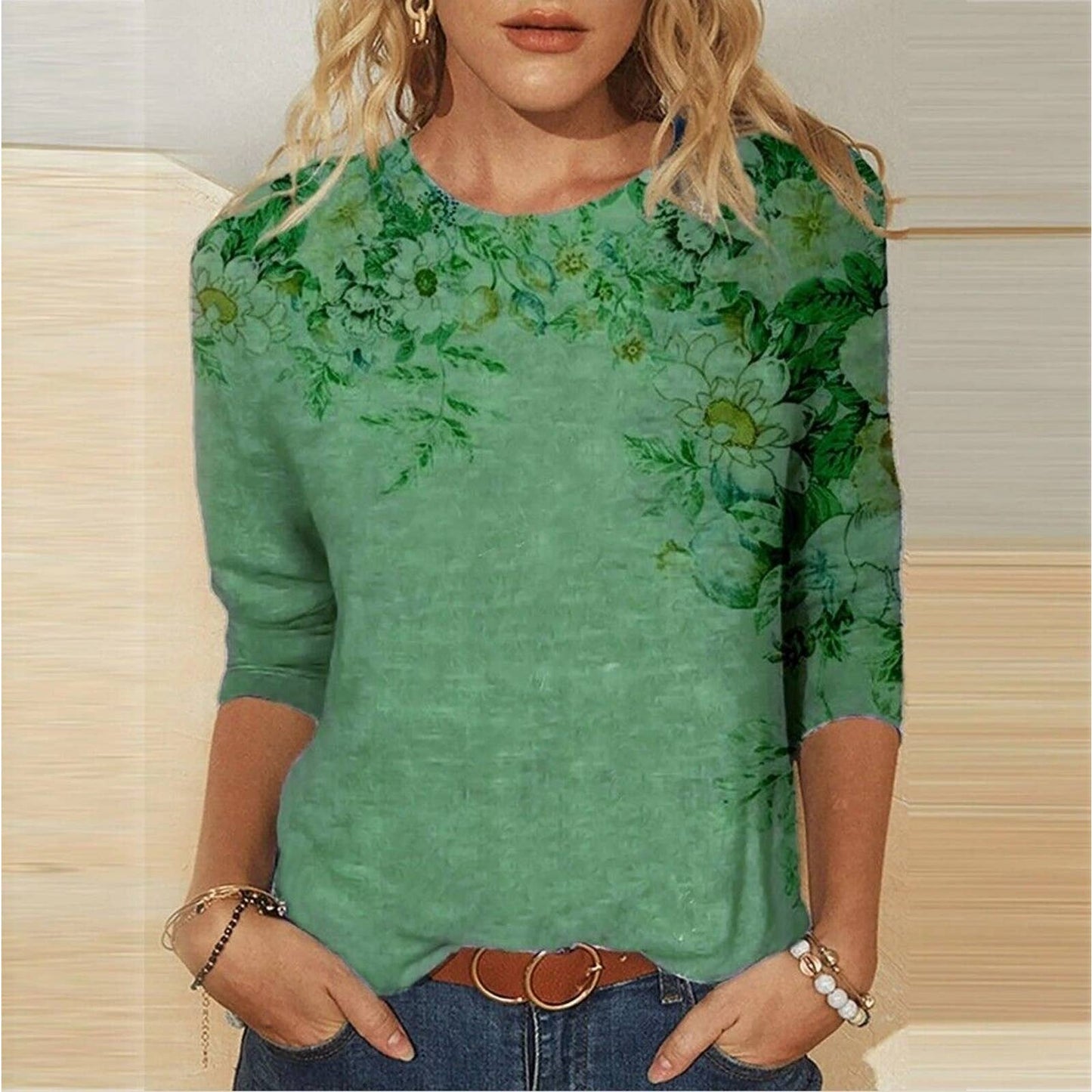 SHEIN Women's Green Polyester Crew Neck Long Sleeve Casual Top Shirt Size M