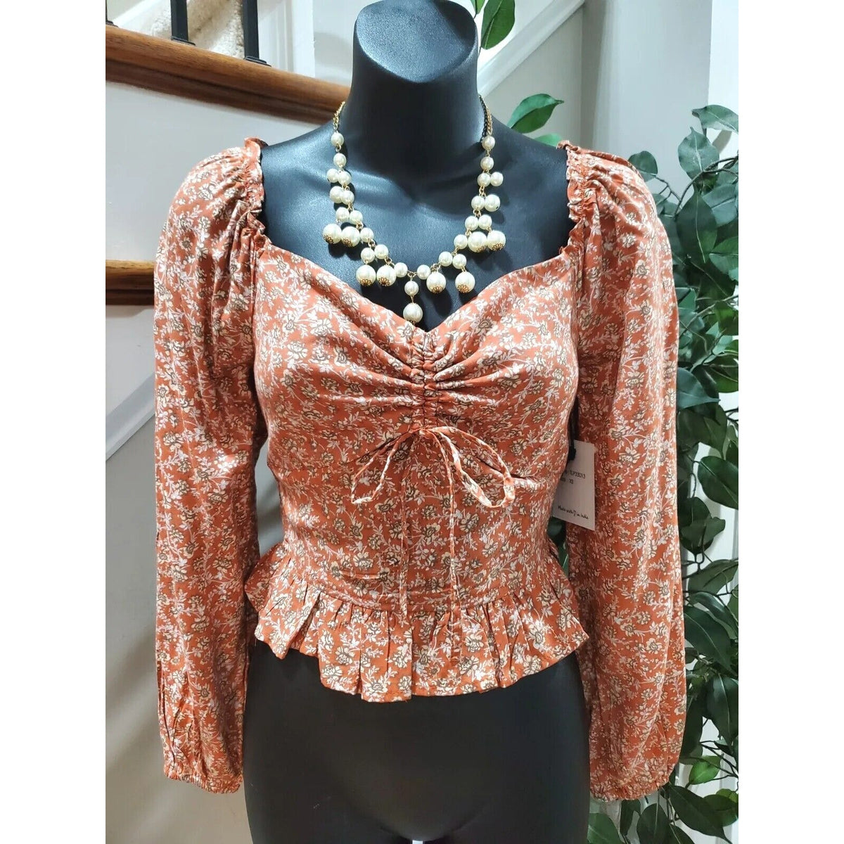 Japna Women Brown Floral 100% Viscose Sweetheart Neck Long Sleeve Top Blouse XS