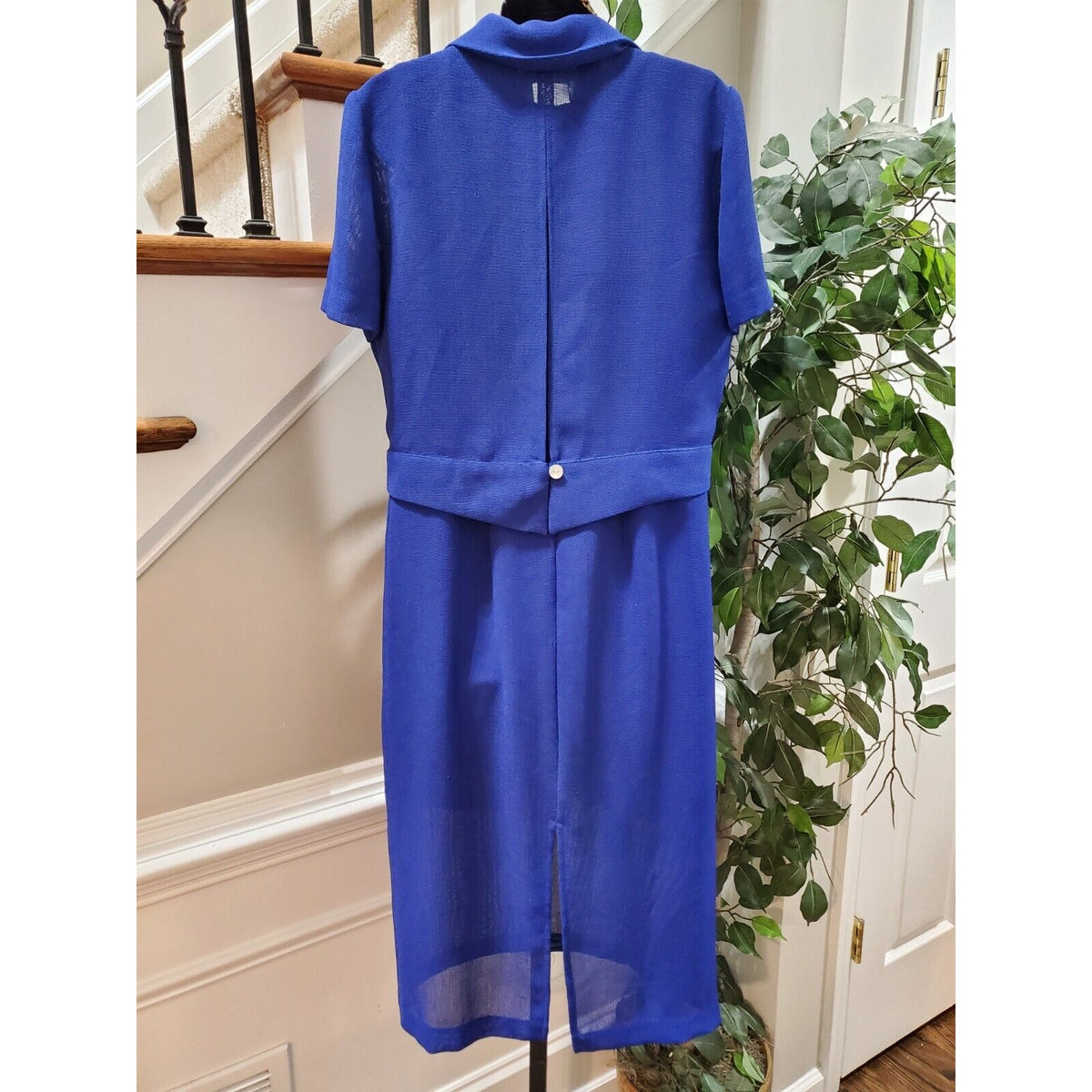 Miss Dorby Women Blue Solid Short Sleeve Jacket & Knee Length Dress 2 Pcs Suit M