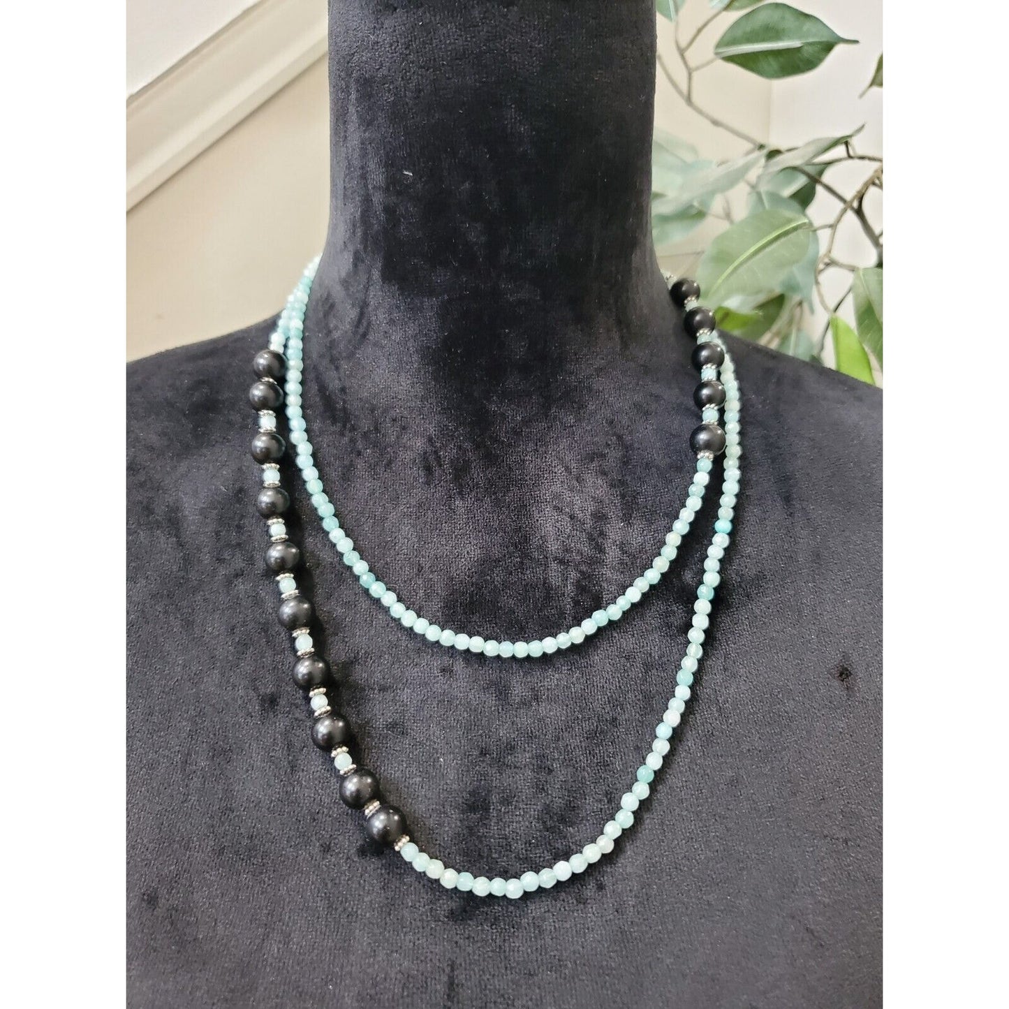 Women's Blue & Black Bubble Beaded Fashion Jewelry Double Necklace