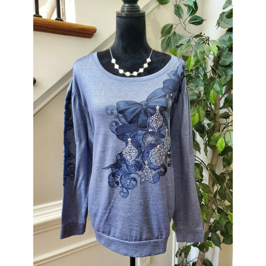 One World Women's Blue Polyester Round Neck Long Sleeve Top Shirt Size X-Large