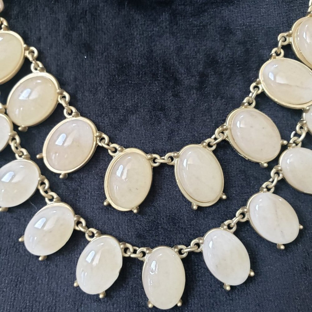 Women's Double Layer Gold Tone Cream Oval Shape Beaded Chunky Necklace