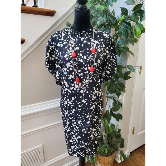 WHO WHAT WEAR Black White Speckled Short Puff Sleeve Knee Length Dress Size XL