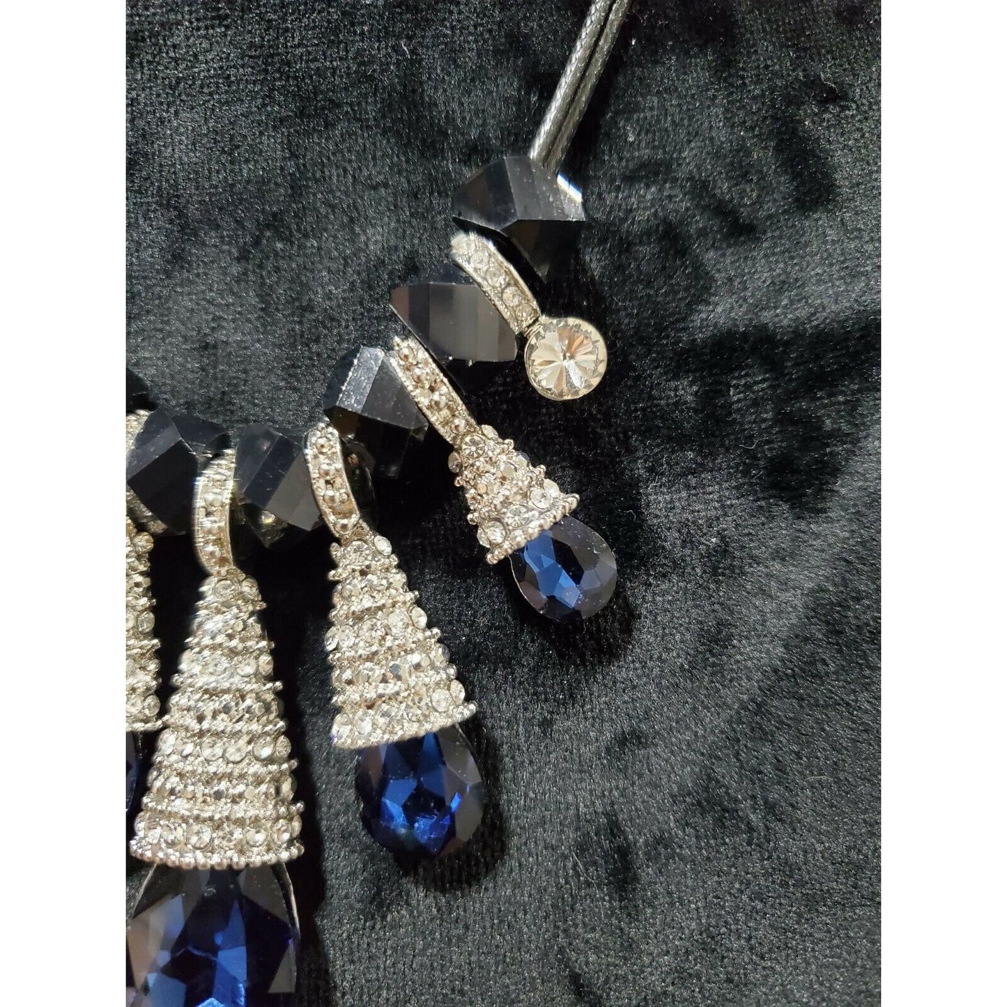 Statement Necklace w/ Sapphire Blue Crystals Black Beads & Rhinestone Accents