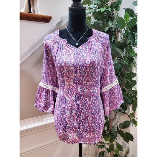 New Directions Women Purple Polyester V-Neck Long Sleeve Casual Top Blouse Large