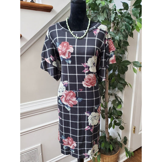 Luxology Women's Floral Polyester Round Neck Short Sleeve Knee Length Dress XL