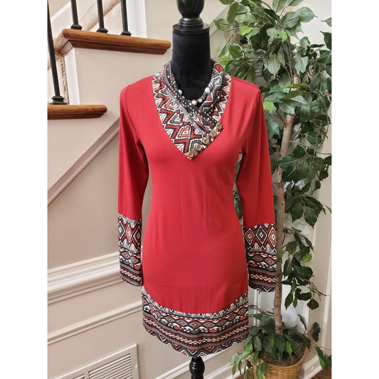 Gaharu Women's Red Polyester Cowl Neck Long Sleeve Knee Length Dress Size Medium
