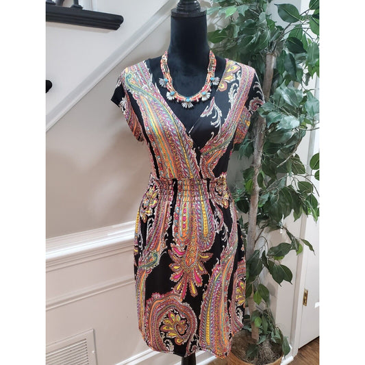 Christina Women's Multicolor Polyester V-Neck Short Sleeve Knee Length Dress L