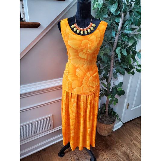 Weathervane Women's Orange Floral 100% Rayon Top & Skirt 2 Piece Suit Size 6