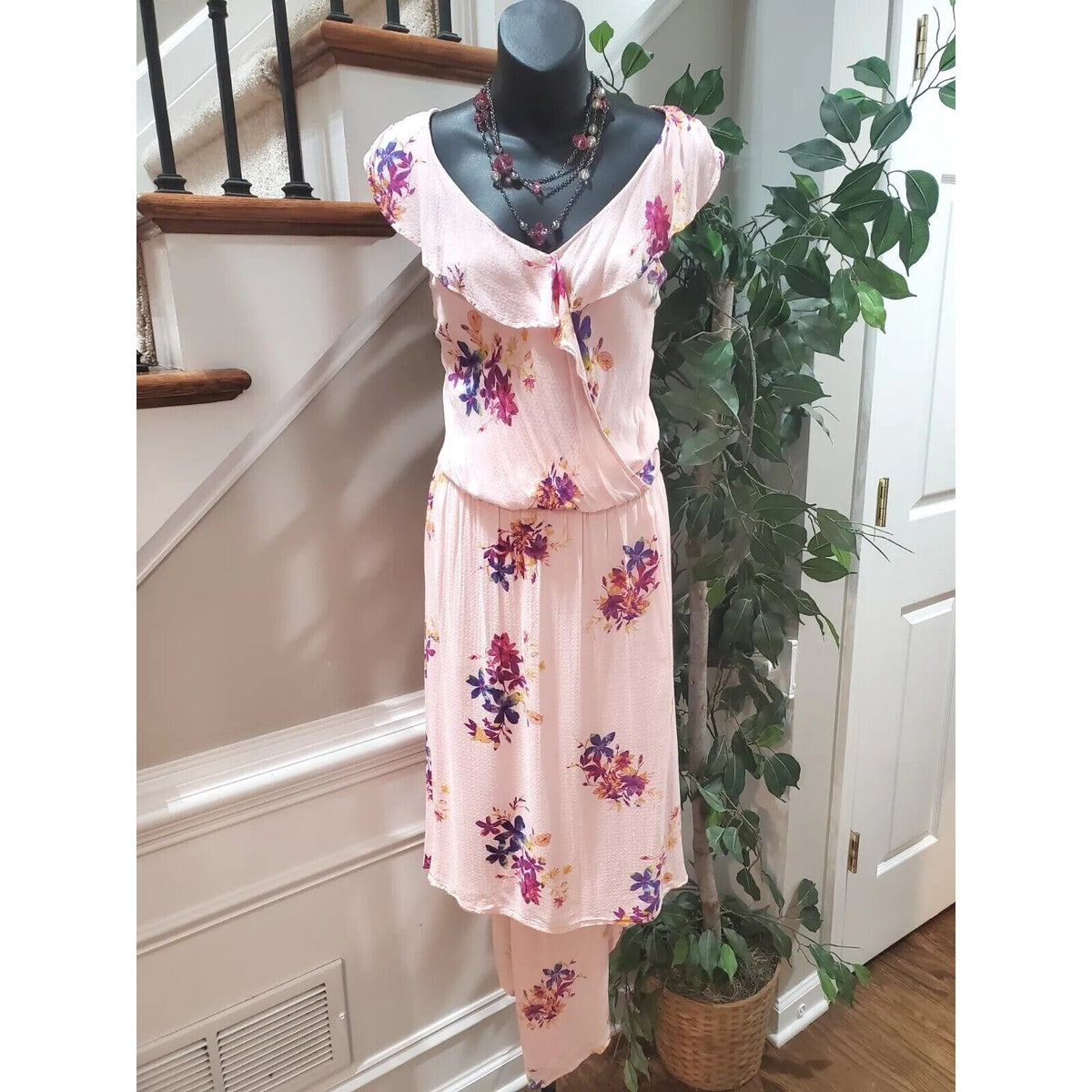 Ava & Viv Womens Pink Floral Rayon V-Neck Sleeveless Casual Knee Length Dress 3X
