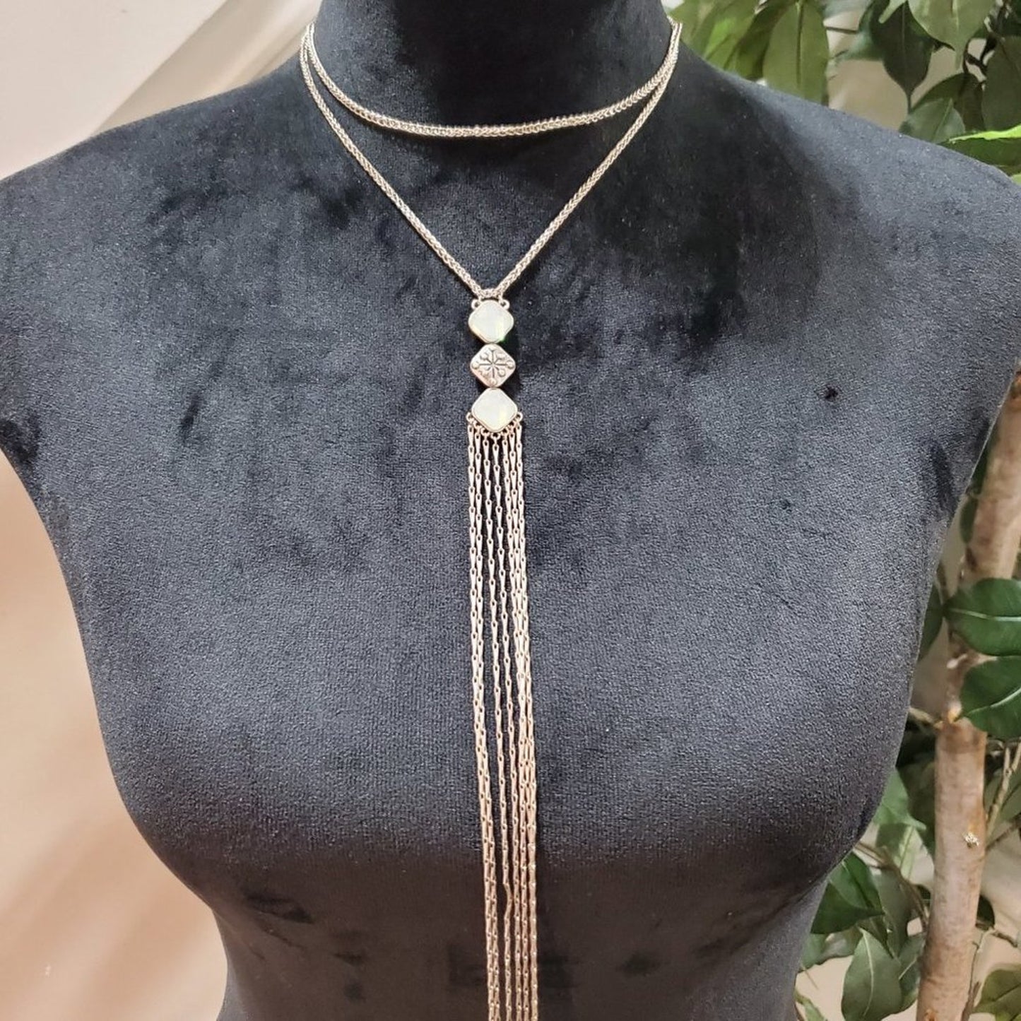 Womens Faux Moonstone Tassel Long Gold Charm Pendant Necklace