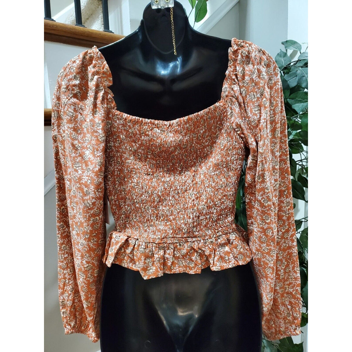 Japna Women Brown Floral 100% Viscose Sweetheart Neck Long Sleeve Top Blouse XS