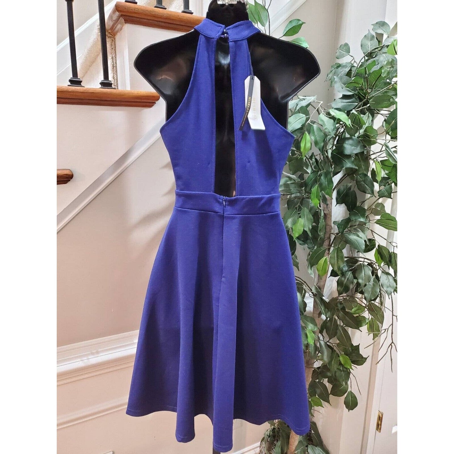 Mushare Women's Blue Rayon Halter Neck Sleeveless Knee Length Dress Size X-Small