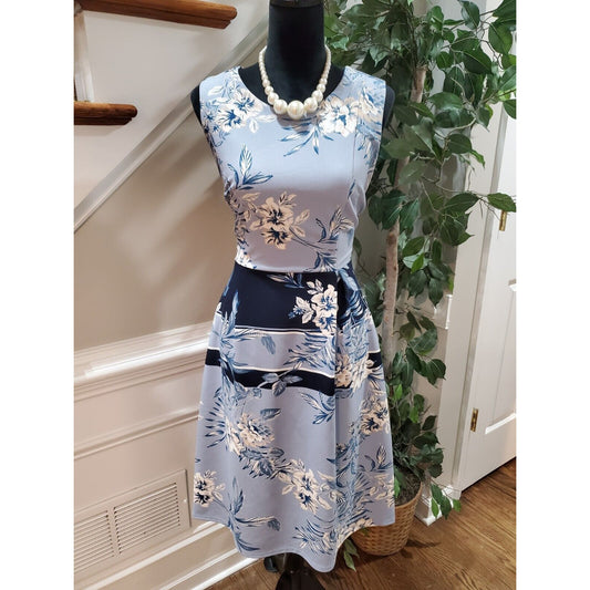 Womens Blue Floral Polyester Sleeveless Round Neck Back Knee Length Dress Small