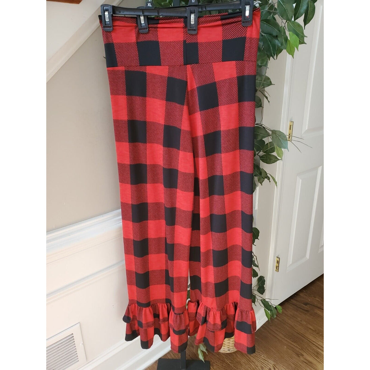 Chic Soul Womens Red Black Check Polyester Casual Elastic Waist Pants Size XL