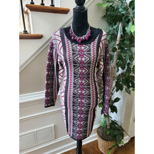 Ecote Multicolor Cotton Round Neck Long Sleeve Knee Length Sweater Dress M