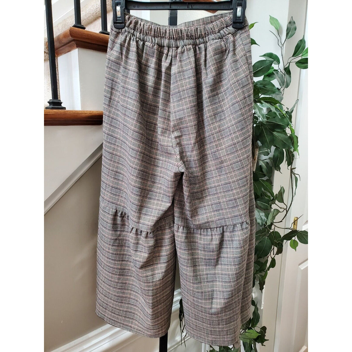 BCBG Generation Gray Plaid Polyester Elastic Waist Wide Leg Culotte Pant XS