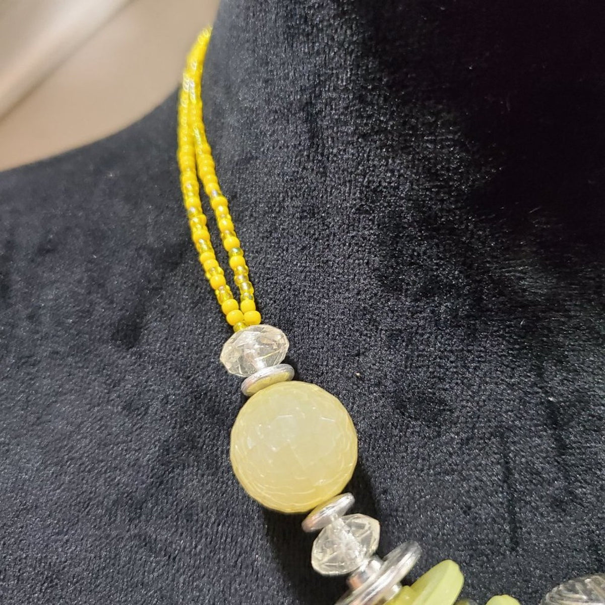 Vintage Art Deco Yellow and Clear Glass Bead with Lobster Clasp Necklace