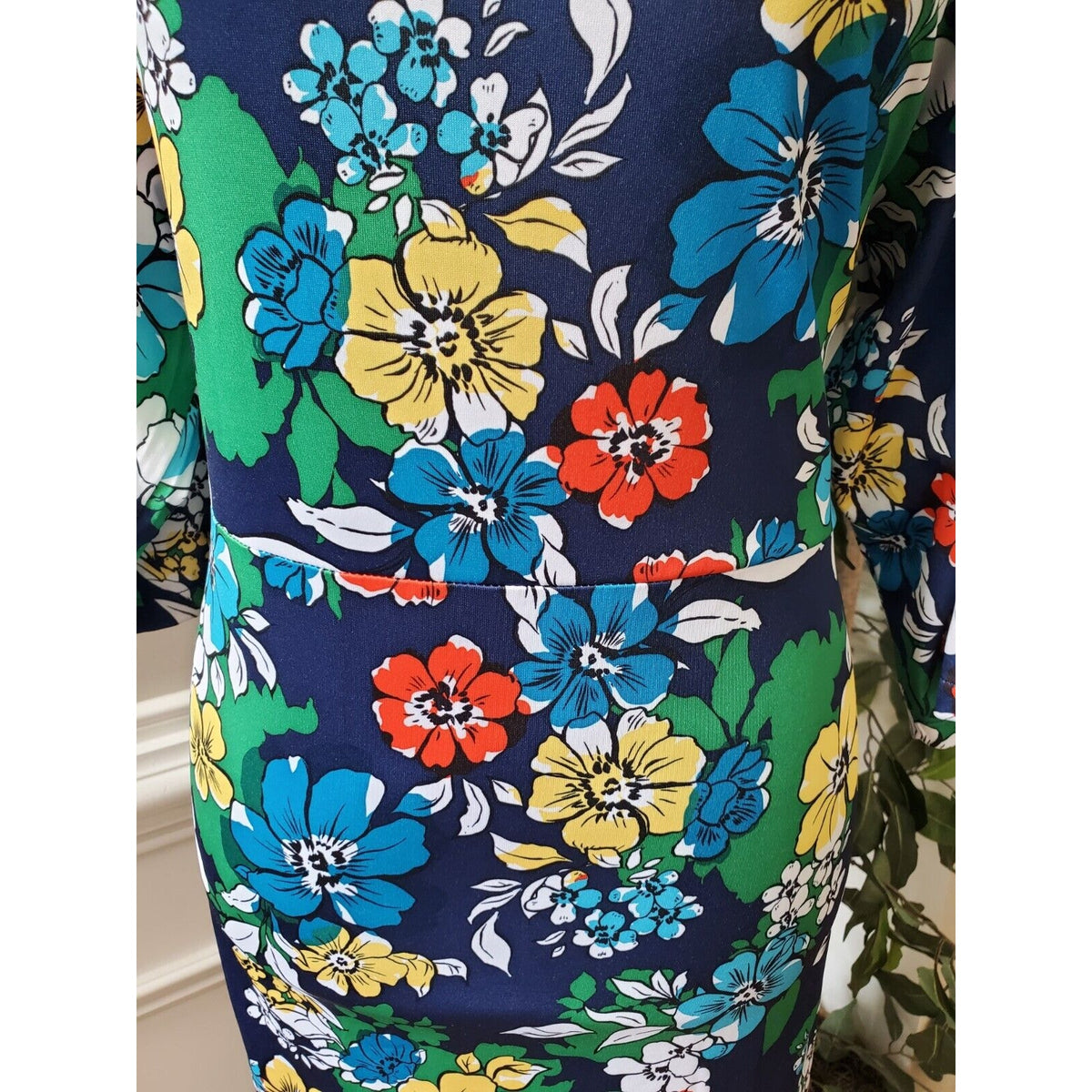 Women's Blue Floral Polyester Round Neck Long Sleeve Casual Knee Length Dress M