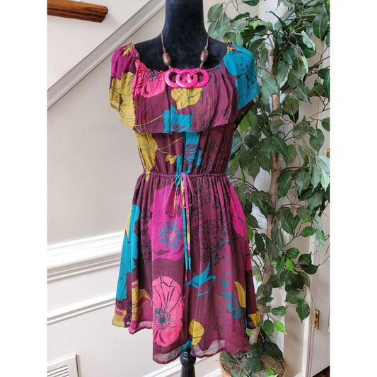 Flounce Women's Multicolor Floral Silk Round Neck Sleeveless Knee Length Dress M