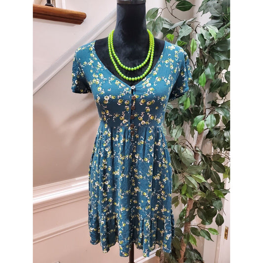 Wild Fable Women's Blue Floral V-Neck Short Sleeve Casual Knee Length Dress XS