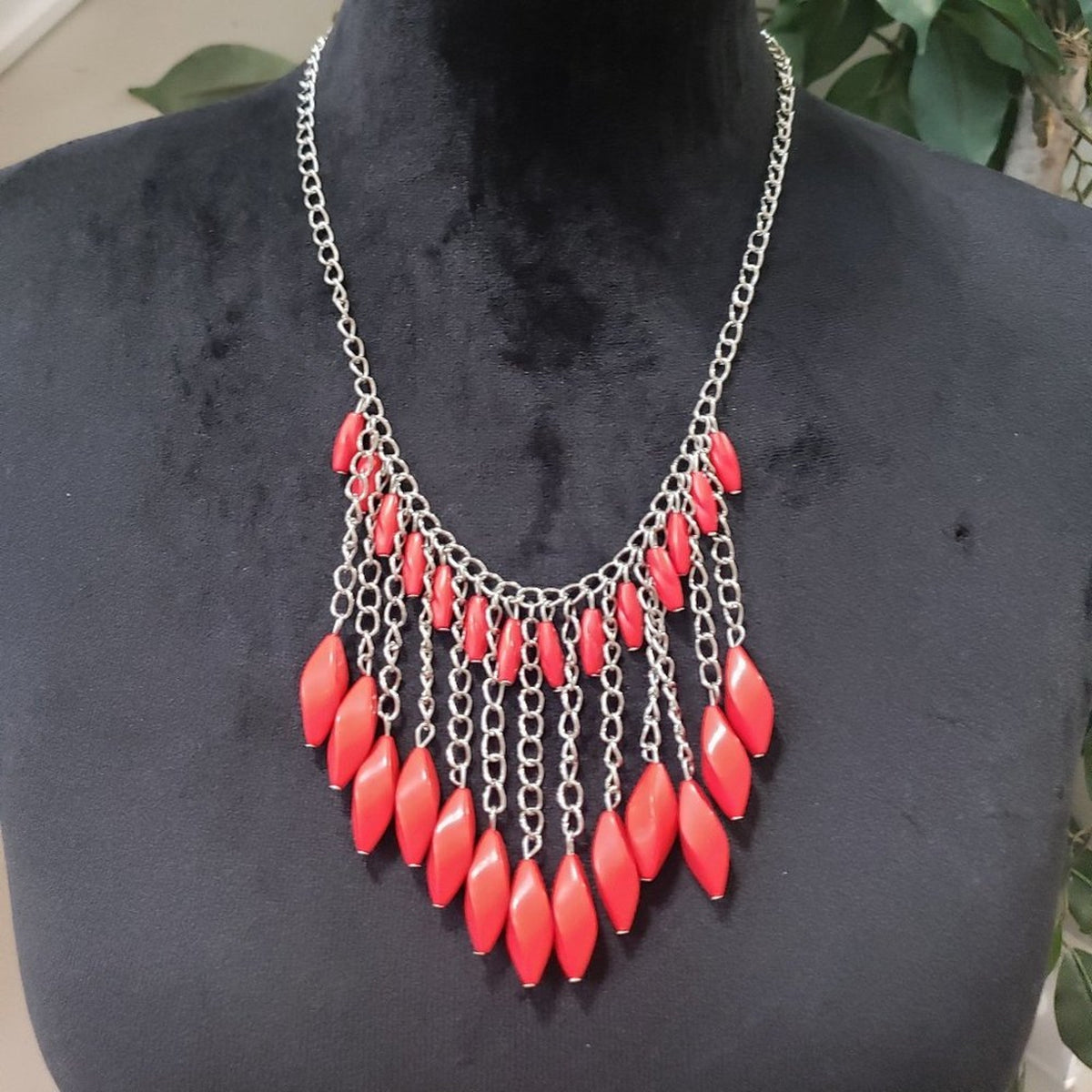 Womens Silver Chain Binge Red Stone Beaded Statement Necklace with Lobster Clasp