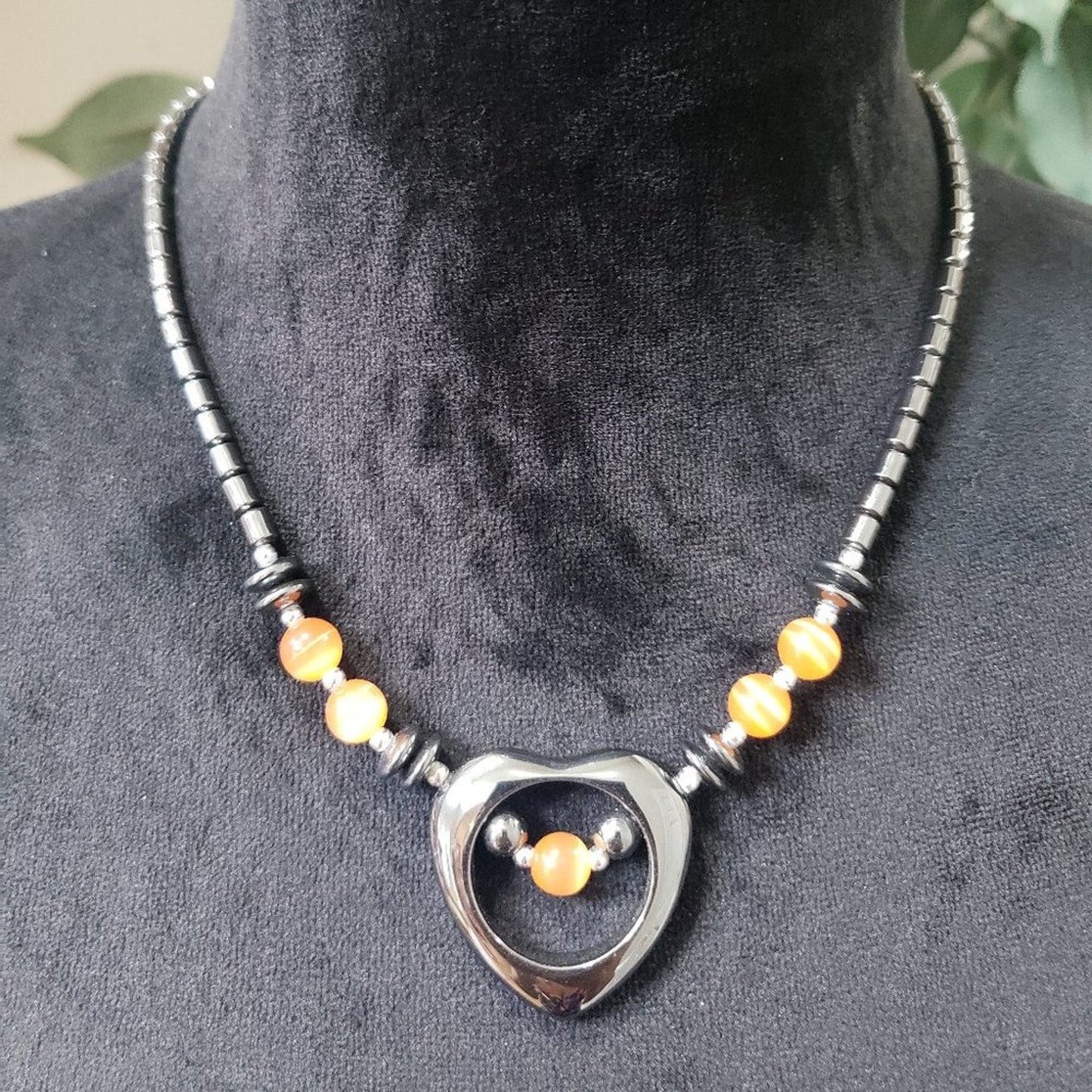 Womens Genuine Hematite Stones and Orange Beads Heart Shaped Pendant Necklace