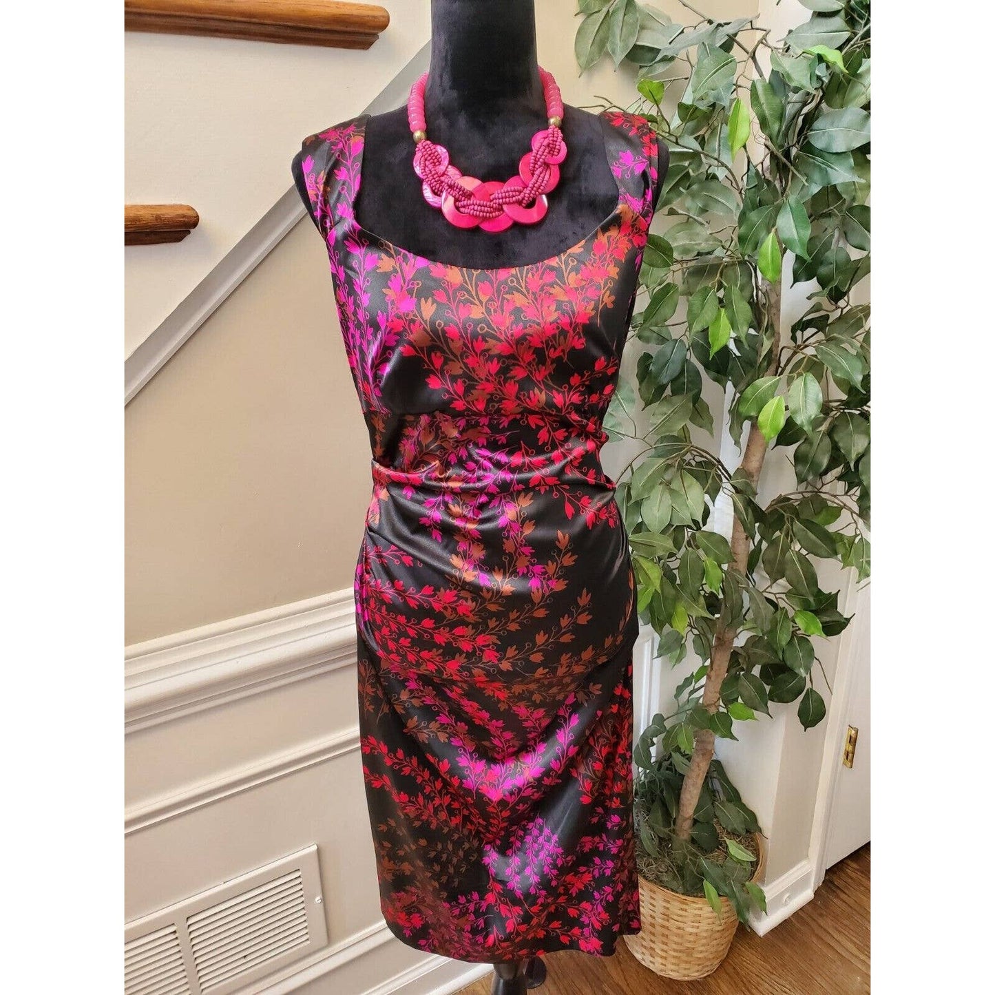 London Style Women Floral Polyester Square Neck Sleeveless Knee Length Dress 12