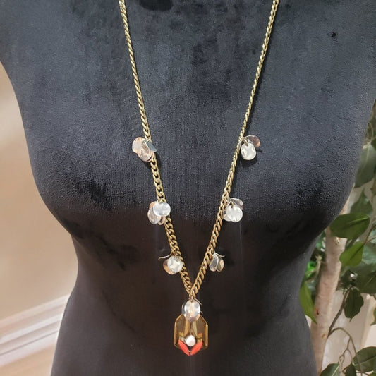 Womens Glass Faux Pearl Beaded Gold Tone Long Chain Charm Pendant Necklace