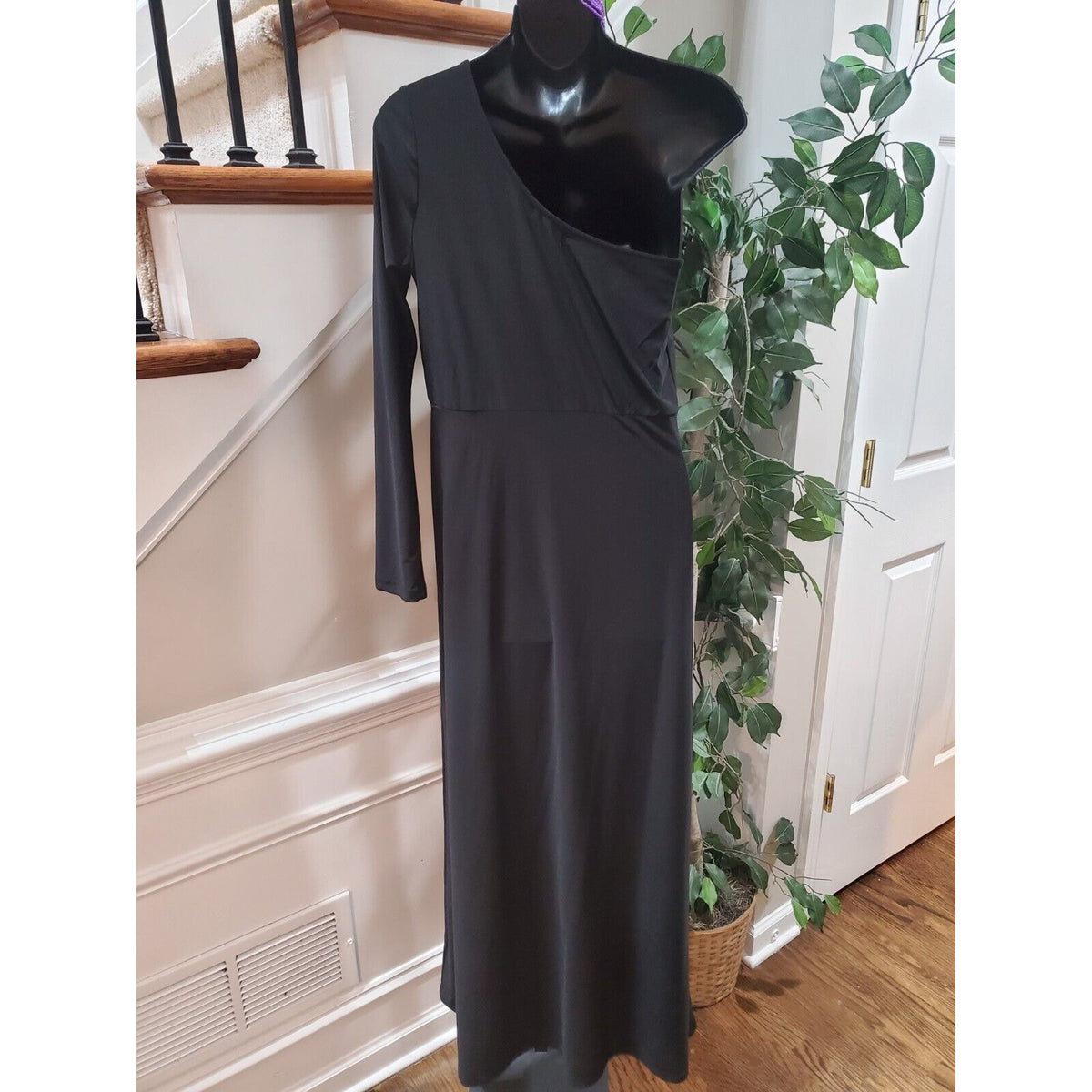 Venus Women's Black Solid Polyester One Shoulder Off Long Sleeve Long Maxi Dress