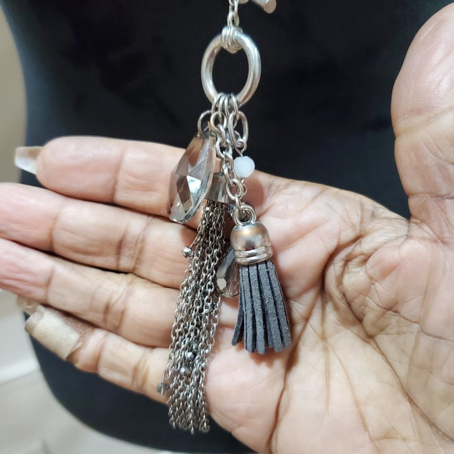 Women's Silver and White Beaded Long White Magnetic Breakaway Jewelry Necklace