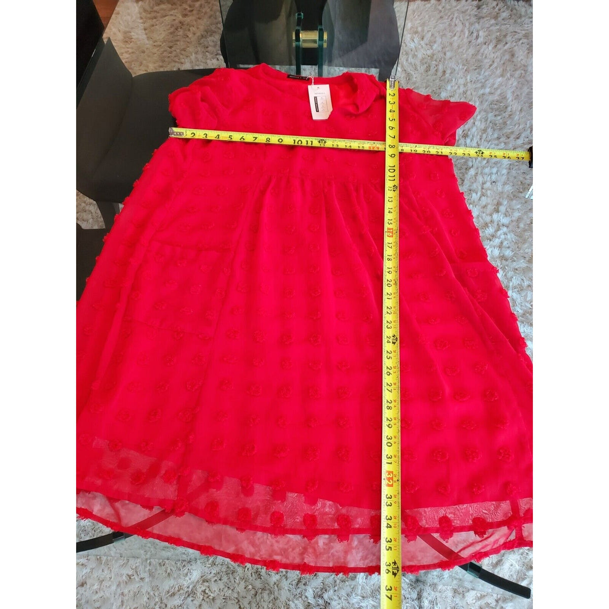 Miholl Red Pom Pom Babydoll Polyester V-Neck Short Sleeve Dress X-Large