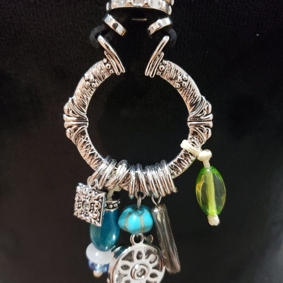 Magnolia and Vine Necklace Black Cord Turquoise Beads Green Crystal 18 mm Snap