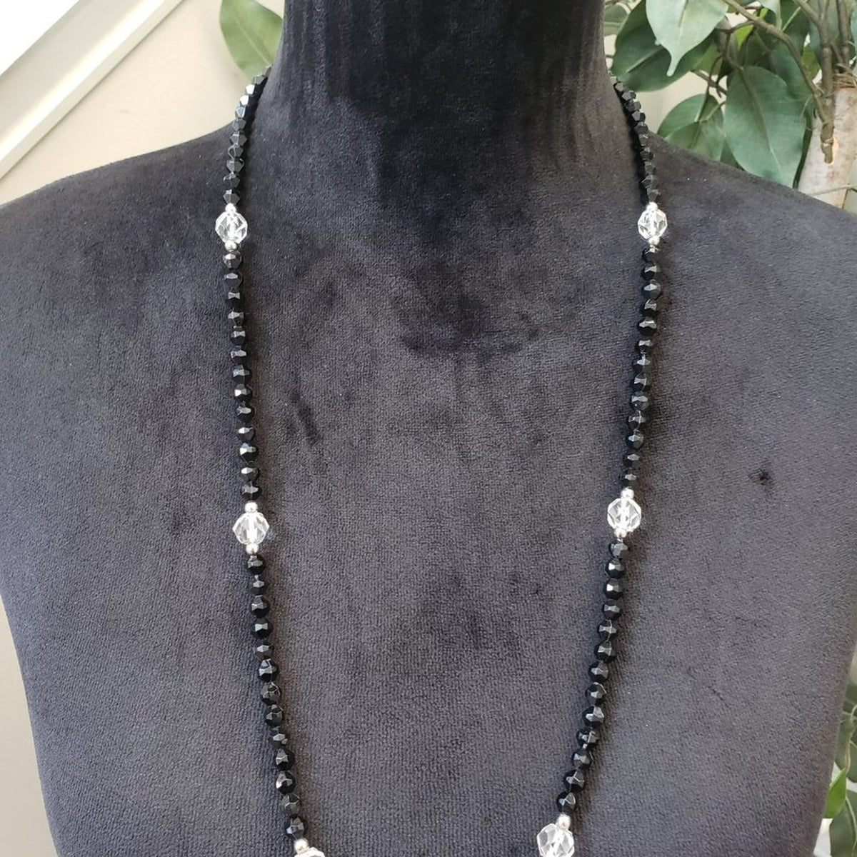 Womens Fashion Black Beads White Clear Crystals Long Necklace with Lobster Clasp