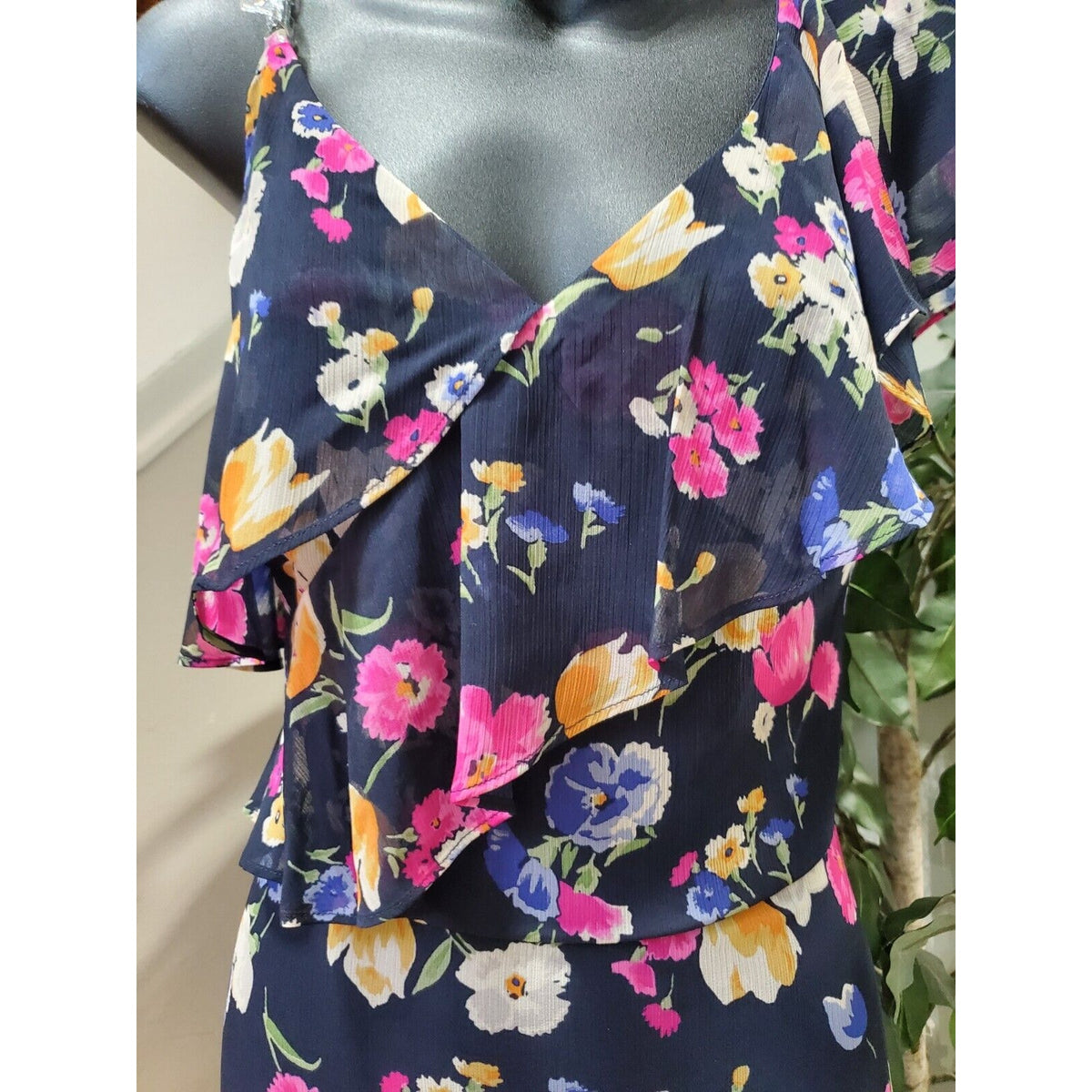 Ralph Lauren Navy Zipper Beaded Lined Darted Tiered Ruffled Floral Maxi Dress 10