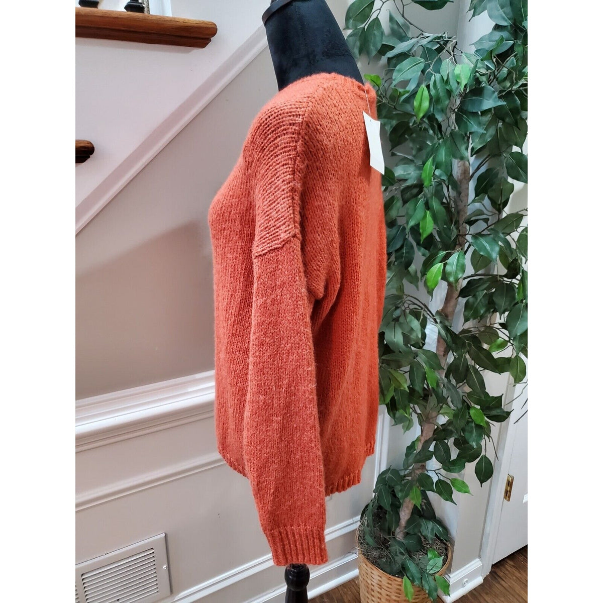 Cotton Emporium Women Orange Long Sleeve Round Neck Pullover Knit Sweater Small
