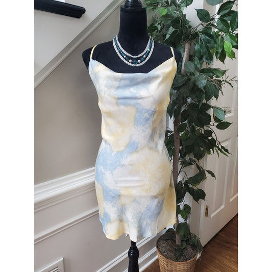 IRIS Women's Yellow & Blue Polyester Scoop Neck Sleeveless Knee Length Dress L