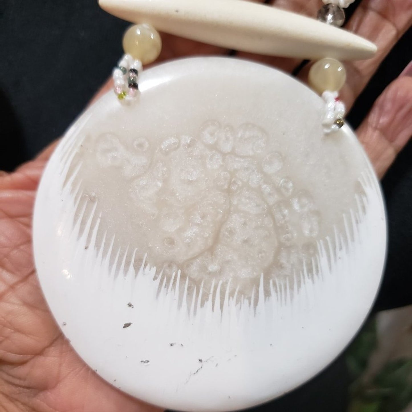 Womens Faux MOP Gong Asian Art Glass Enamel Multistrand Bead Pendant Necklace