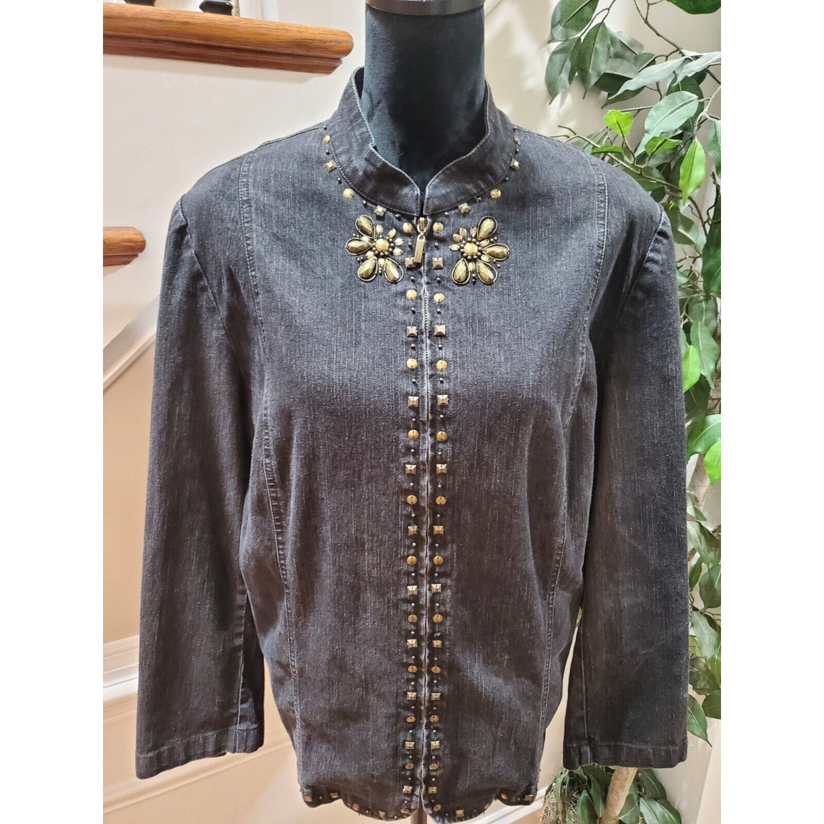 Alfred Dunner Women Gray Denim Ramie Long Sleeve Full Zip Casual Jacket Size 16W