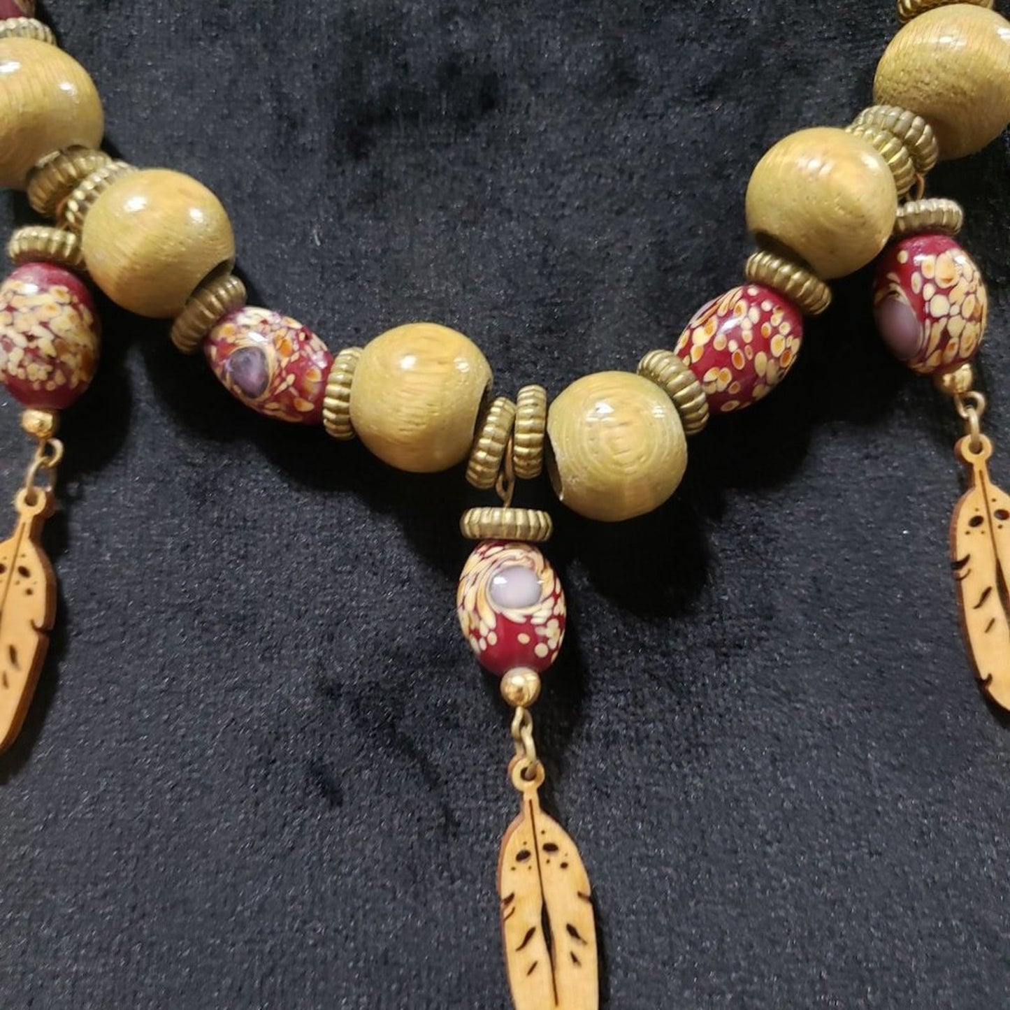 Womens Handcrafted Dark Brown and Red Wood Bead Necklace