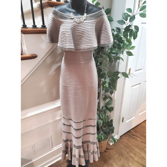 Tadashi Shoji Tabora Beige Ruffle Rayon Off The Shoulder Long Maxi Dress Size 8