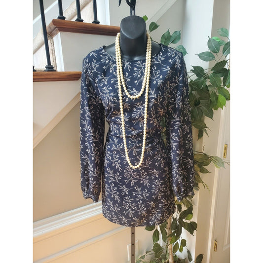 H&M Women Black Floral Polyester Round Neck Long Sleeve Knee Length Dress Size 6